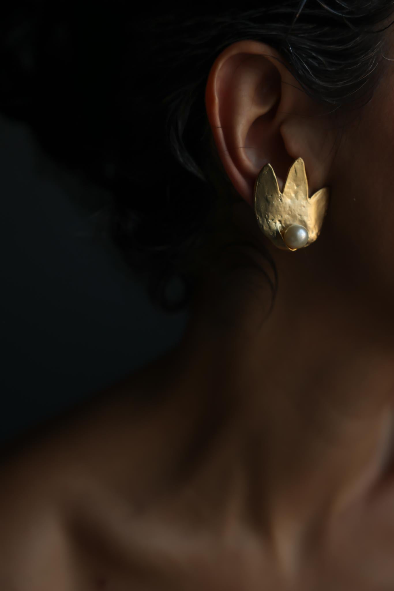 Matte Gold Faux Pearl Leaf Clip-On Earrings