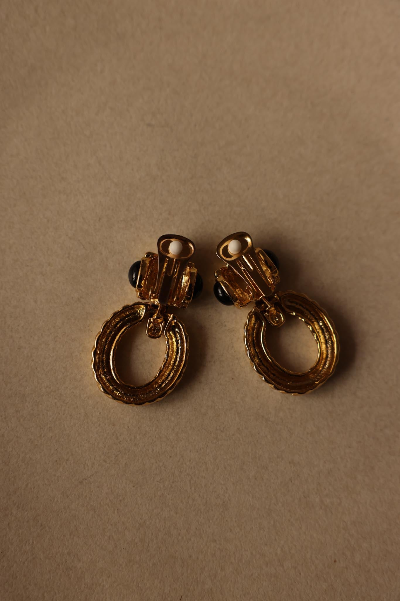 Gold-Tone Hoop Earrings with Black Cabochon and Rhinestones