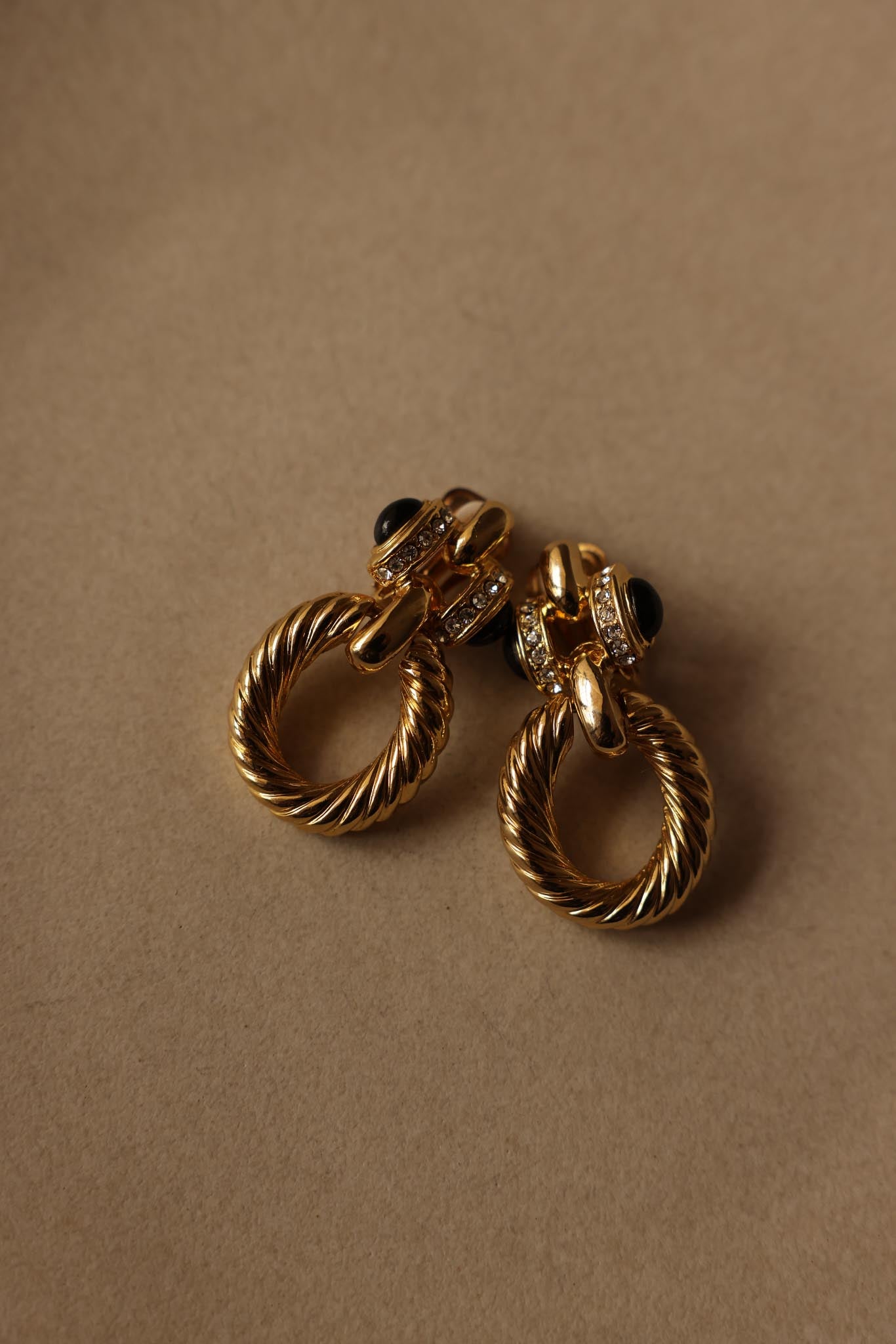 Gold-Tone Hoop Earrings with Black Cabochon and Rhinestones