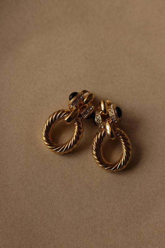 Gold-Tone Hoop Earrings with Black Cabochon and Rhinestones