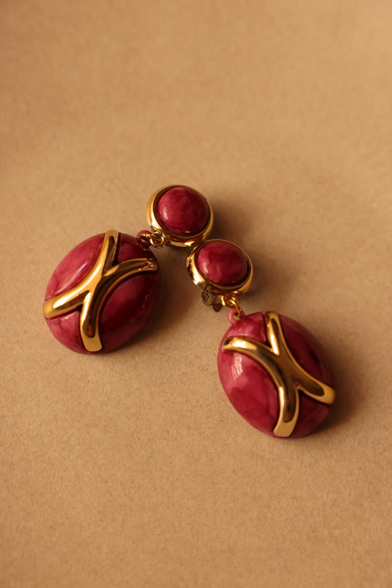 Bold Pink & Gold Clip-On Earrings|Vintage Baazaar 
