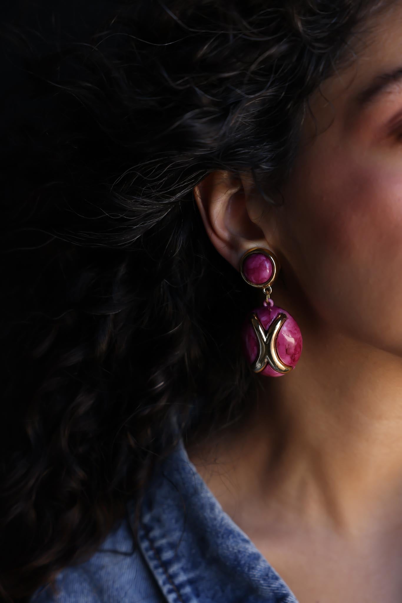 Bold Pink & Gold Clip-On Earrings|Vintage Baazaar 