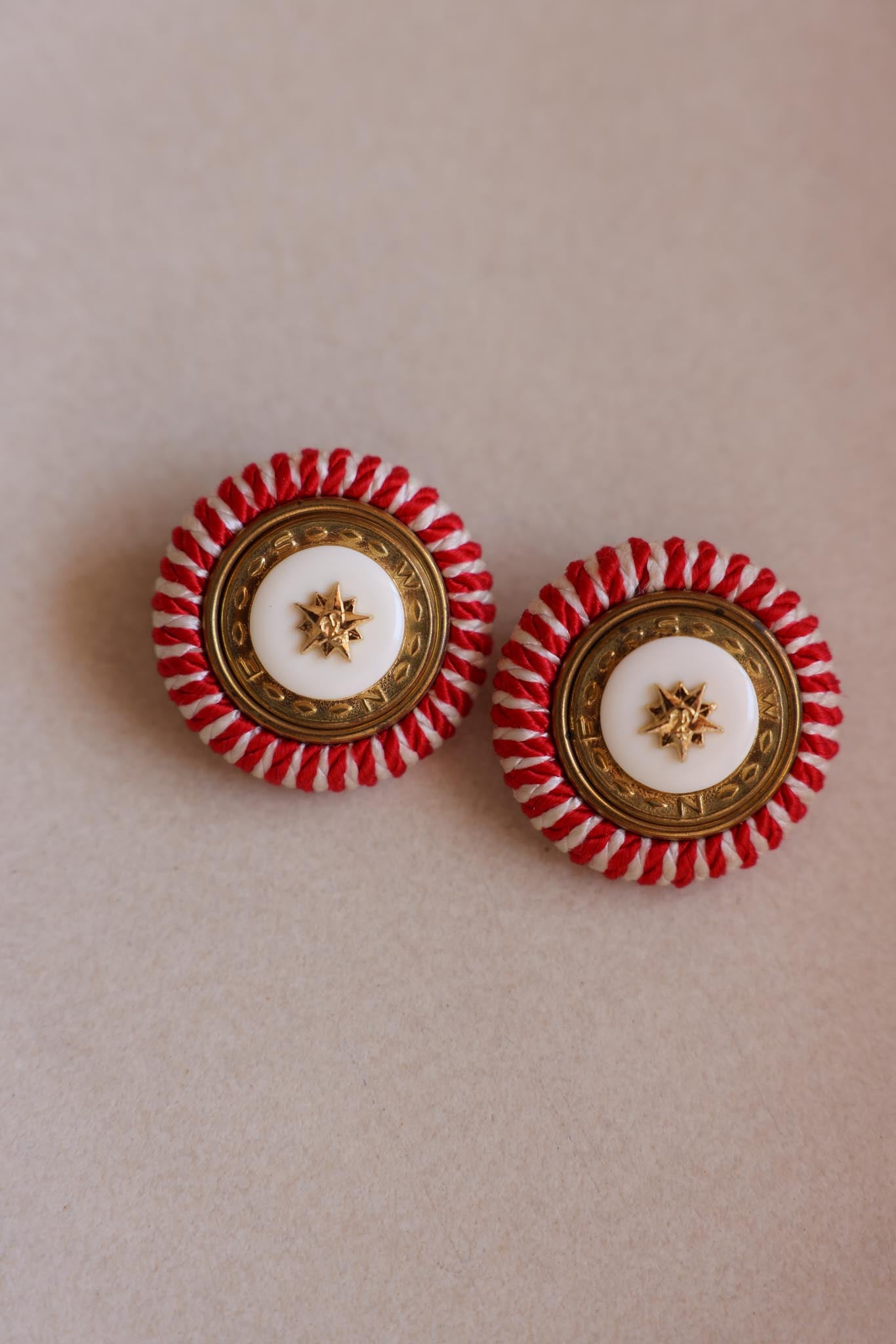 Red & White Woven Clip-On Earrings with Starburst Center|Vintage Baazaar 