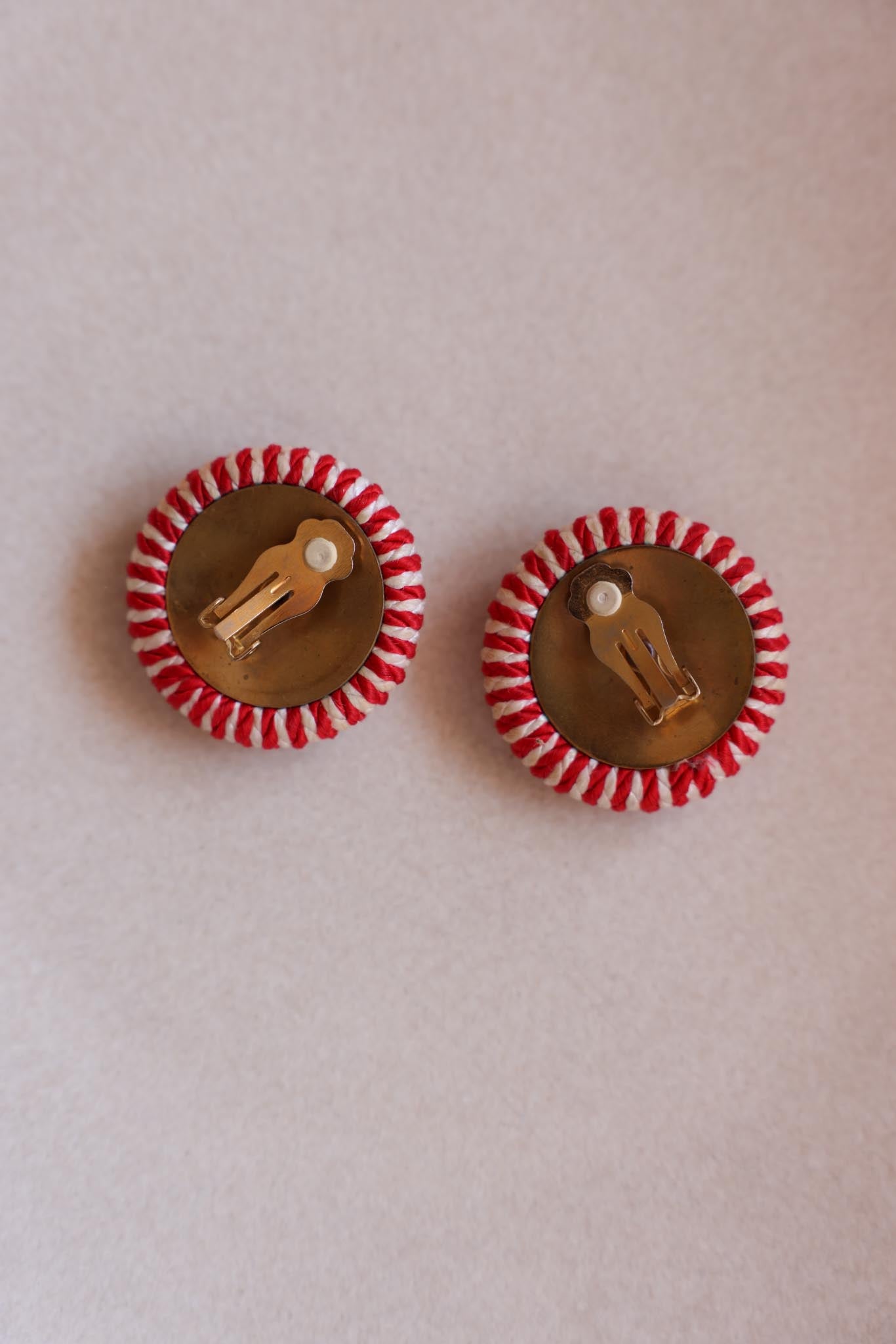Red & White Woven Clip-On Earrings with Starburst Center|Vintage Baazaar 