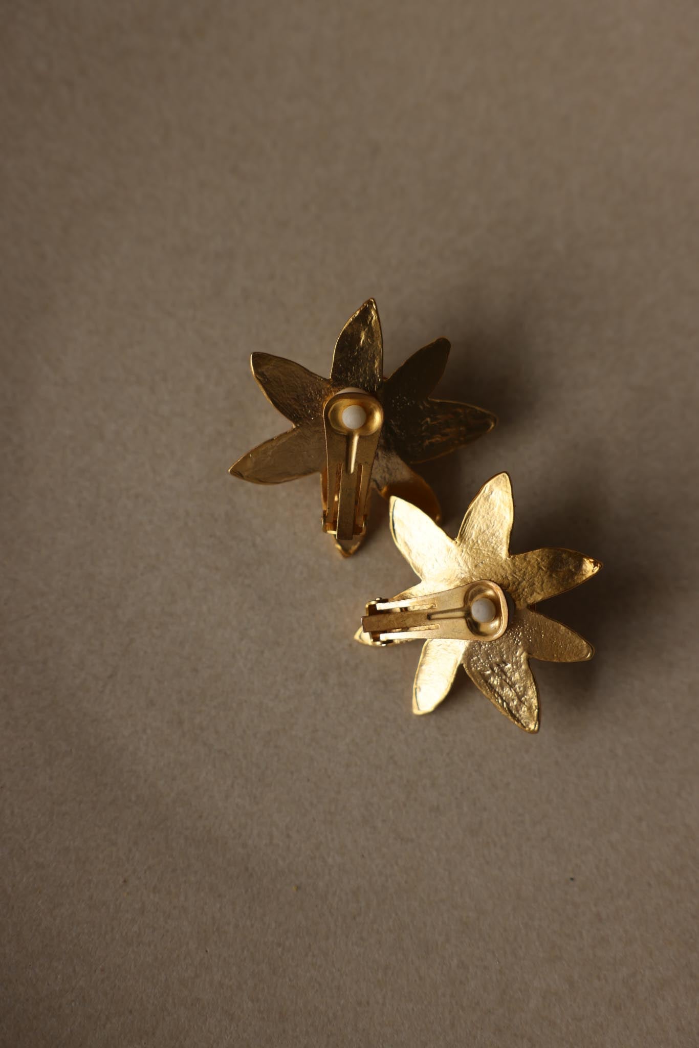 Matte Gold Champagne Faux Pearl Flower Clip-On Earrings