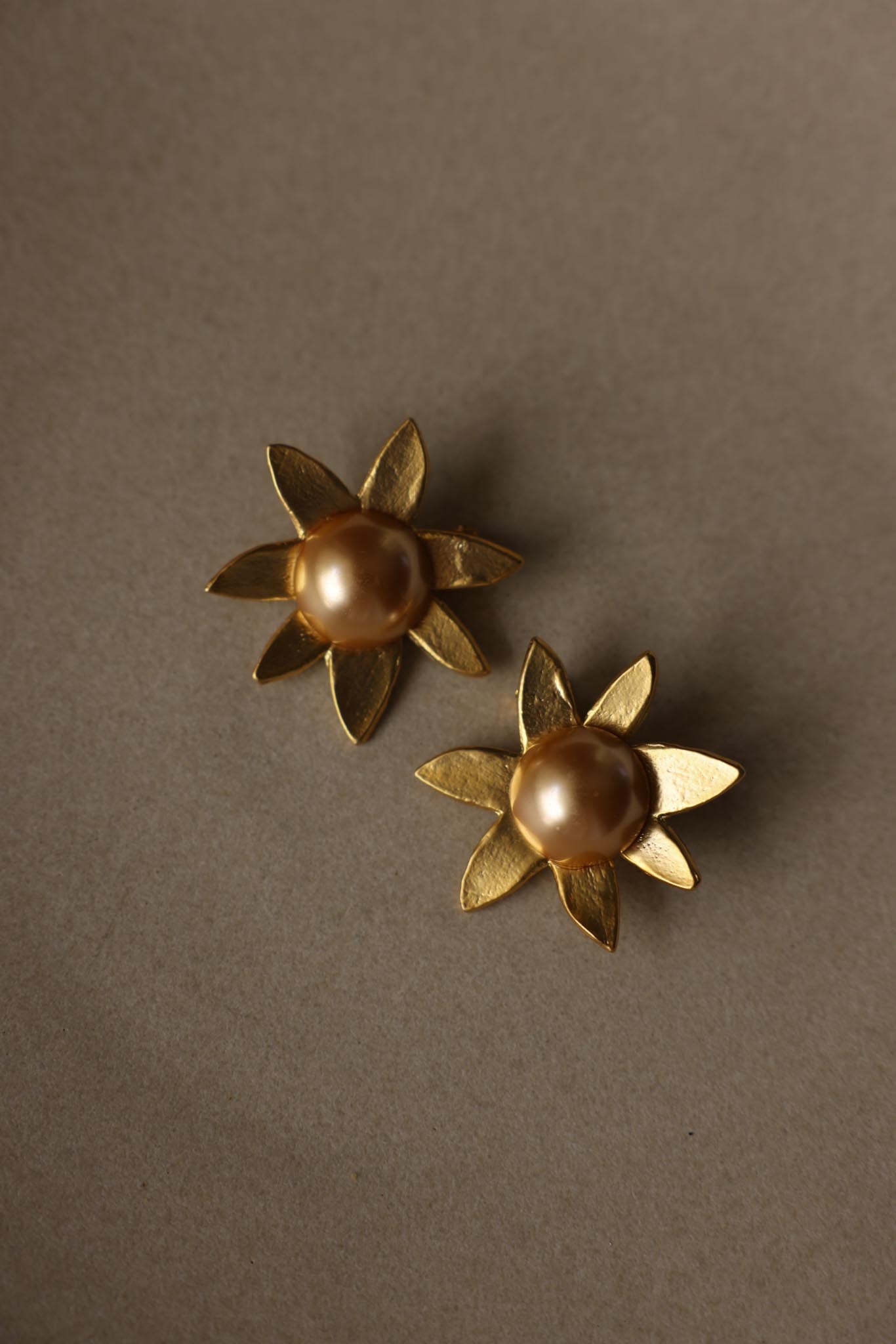Matte Gold Champagne Faux Pearl Flower Clip-On Earrings