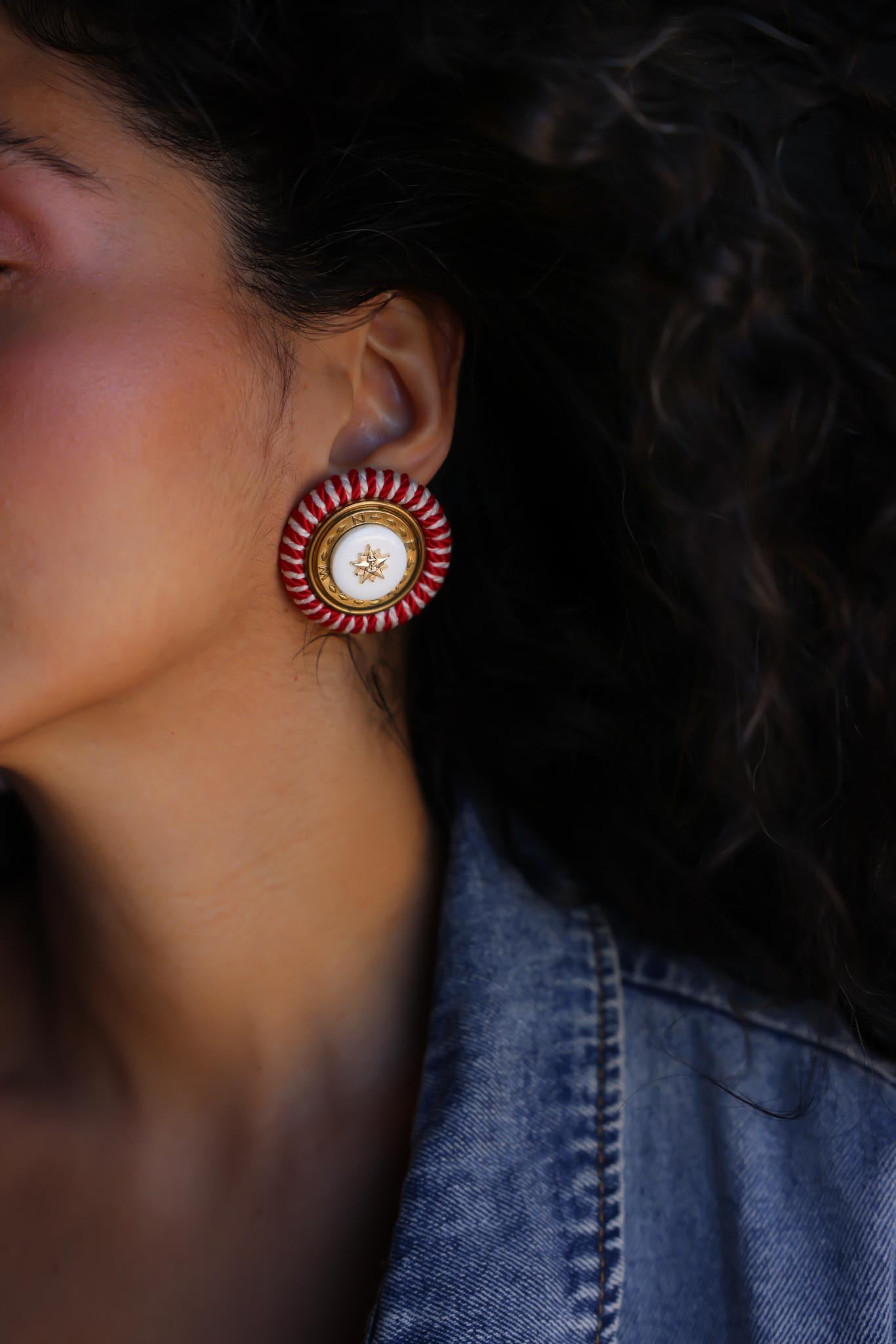 Red & White Woven Clip-On Earrings with Starburst Center|Vintage Baazaar 