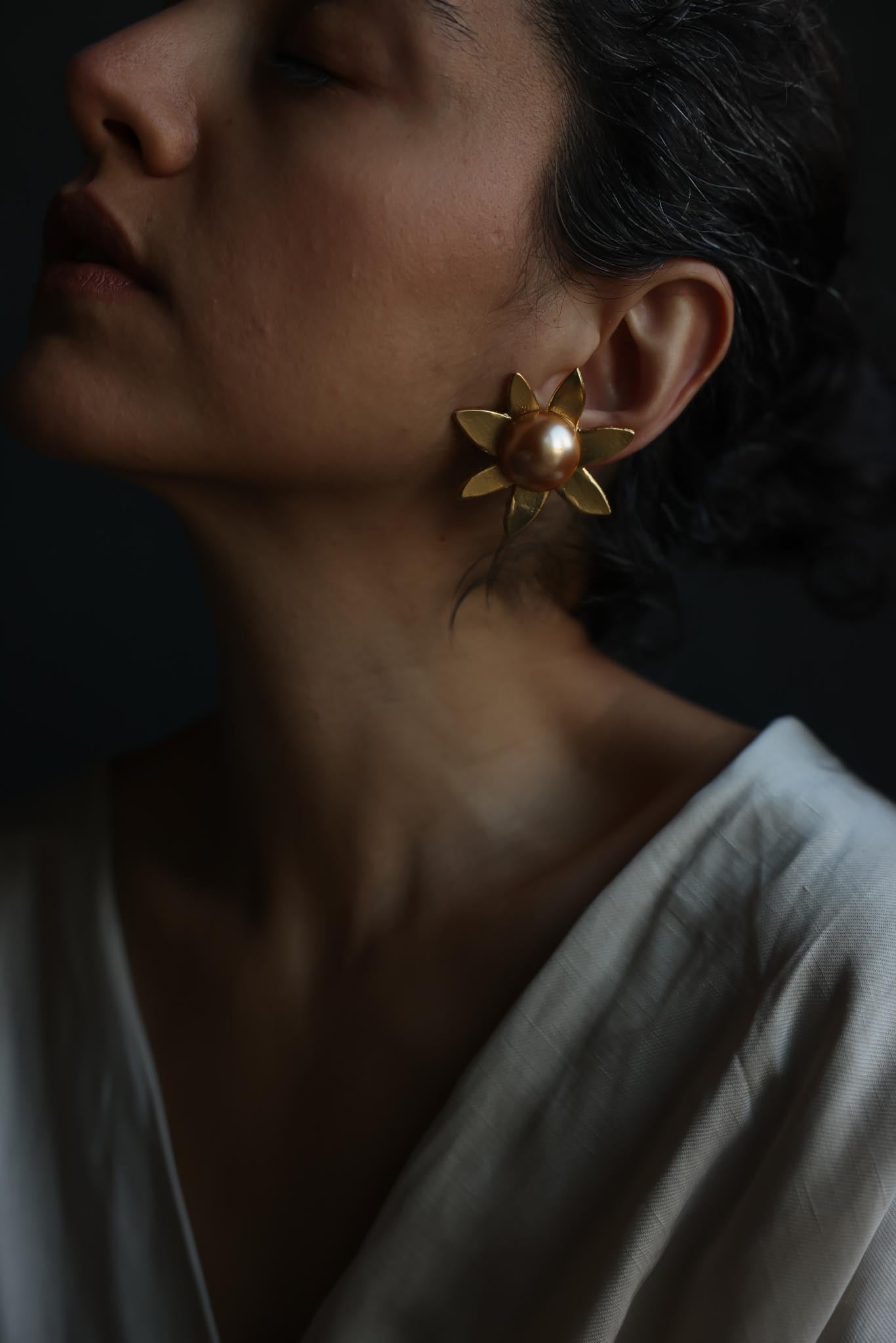 Matte Gold Champagne Faux Pearl Flower Clip-On Earrings