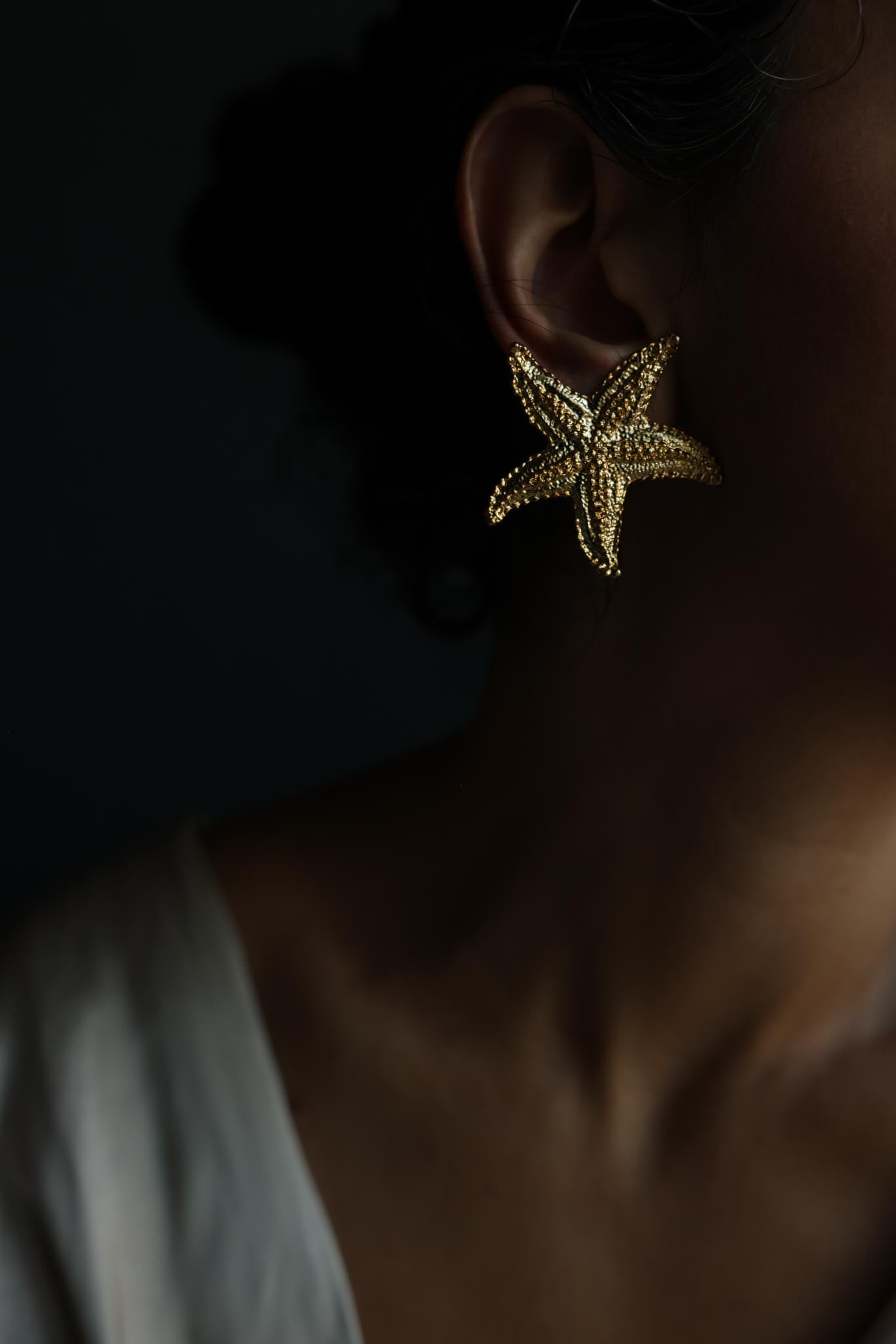 Textured Gold Tone Starfish Clip-On Earrings
