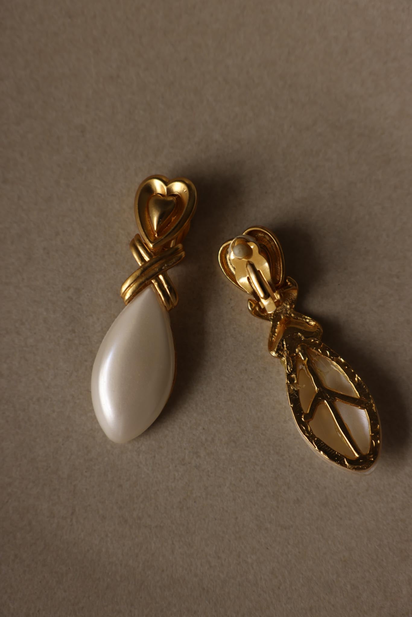 Gold Tone Heart Faux Pearl Dangle Clip-On Earrings