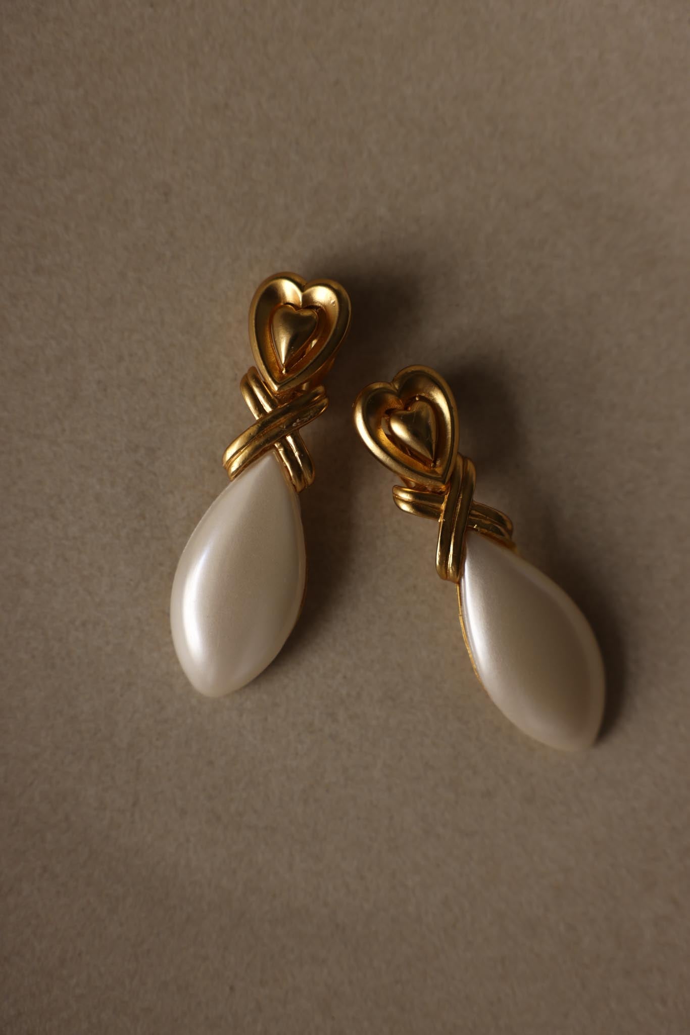 Gold Tone Heart Faux Pearl Dangle Clip-On Earrings