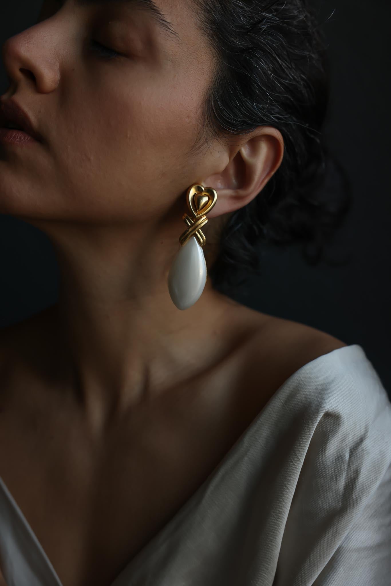 Gold Tone Heart Faux Pearl Dangle Clip-On Earrings