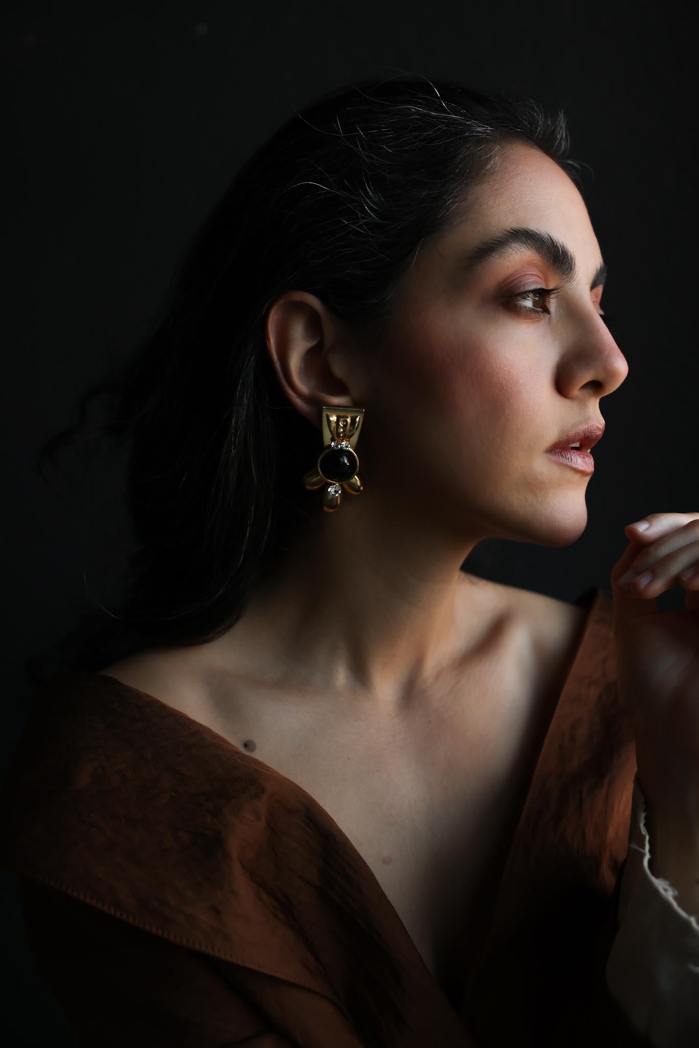 Gold-Tone Black Cabochon Statement Clip-On Earrings