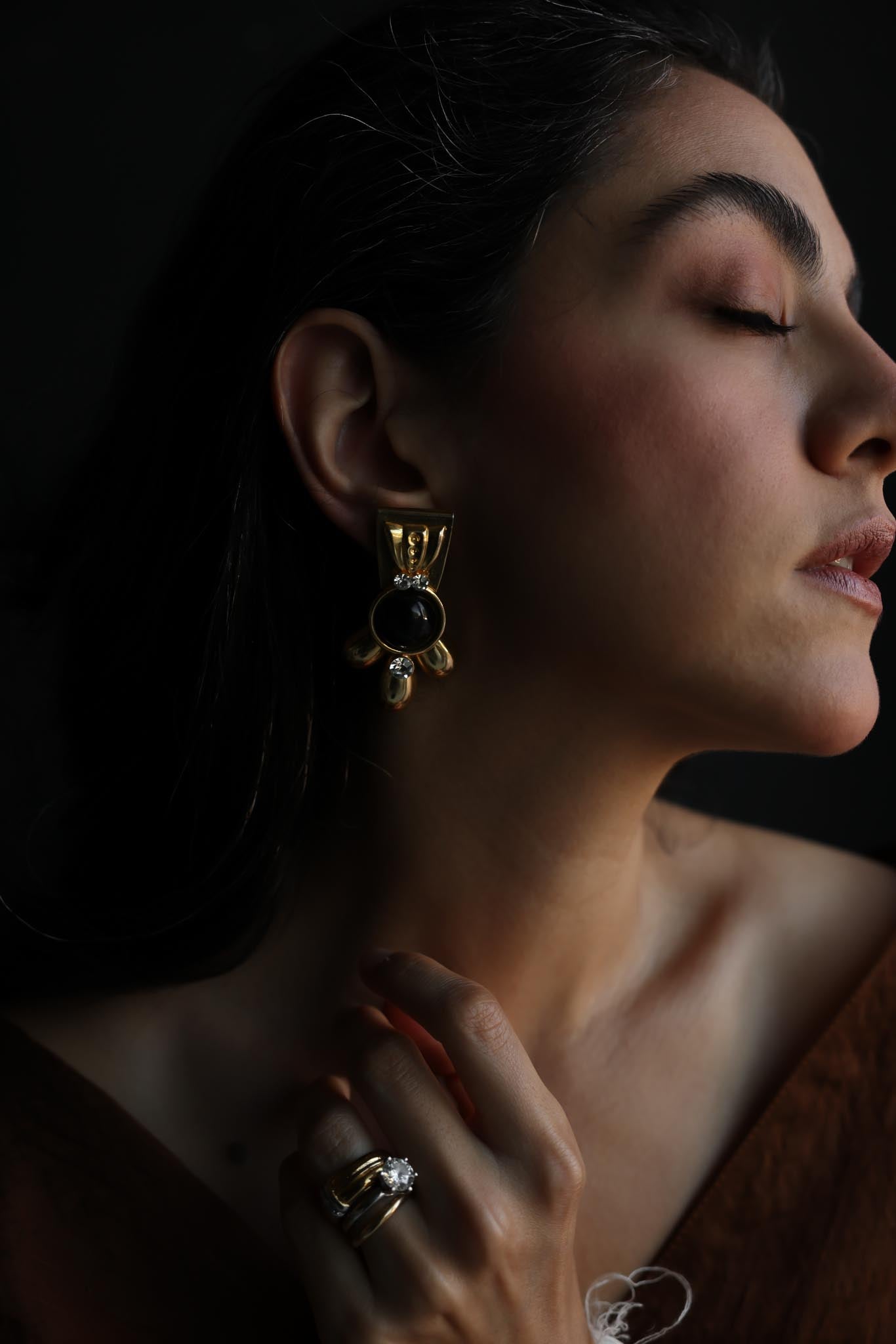 Gold-Tone Black Cabochon Statement Clip-On Earrings