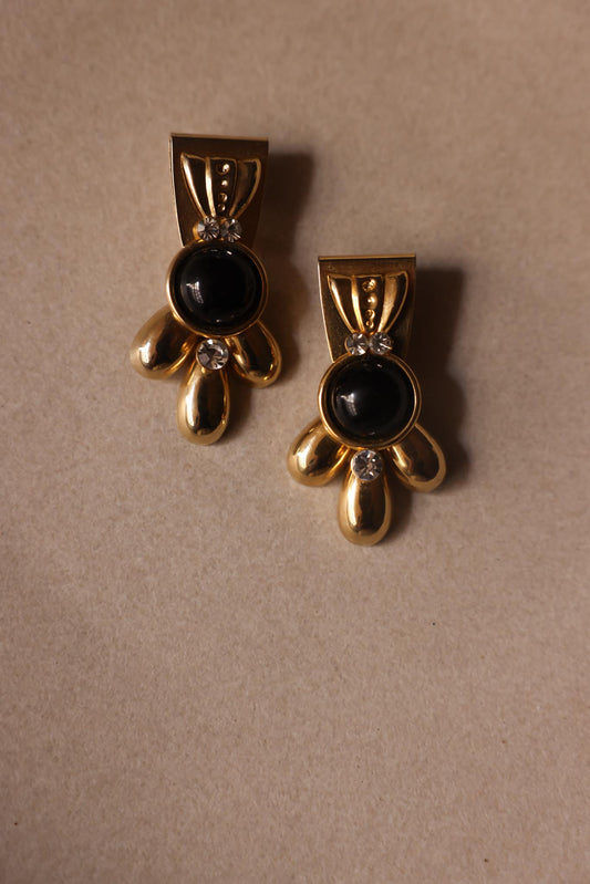 Gold-Tone Black Cabochon Statement Clip-On Earrings