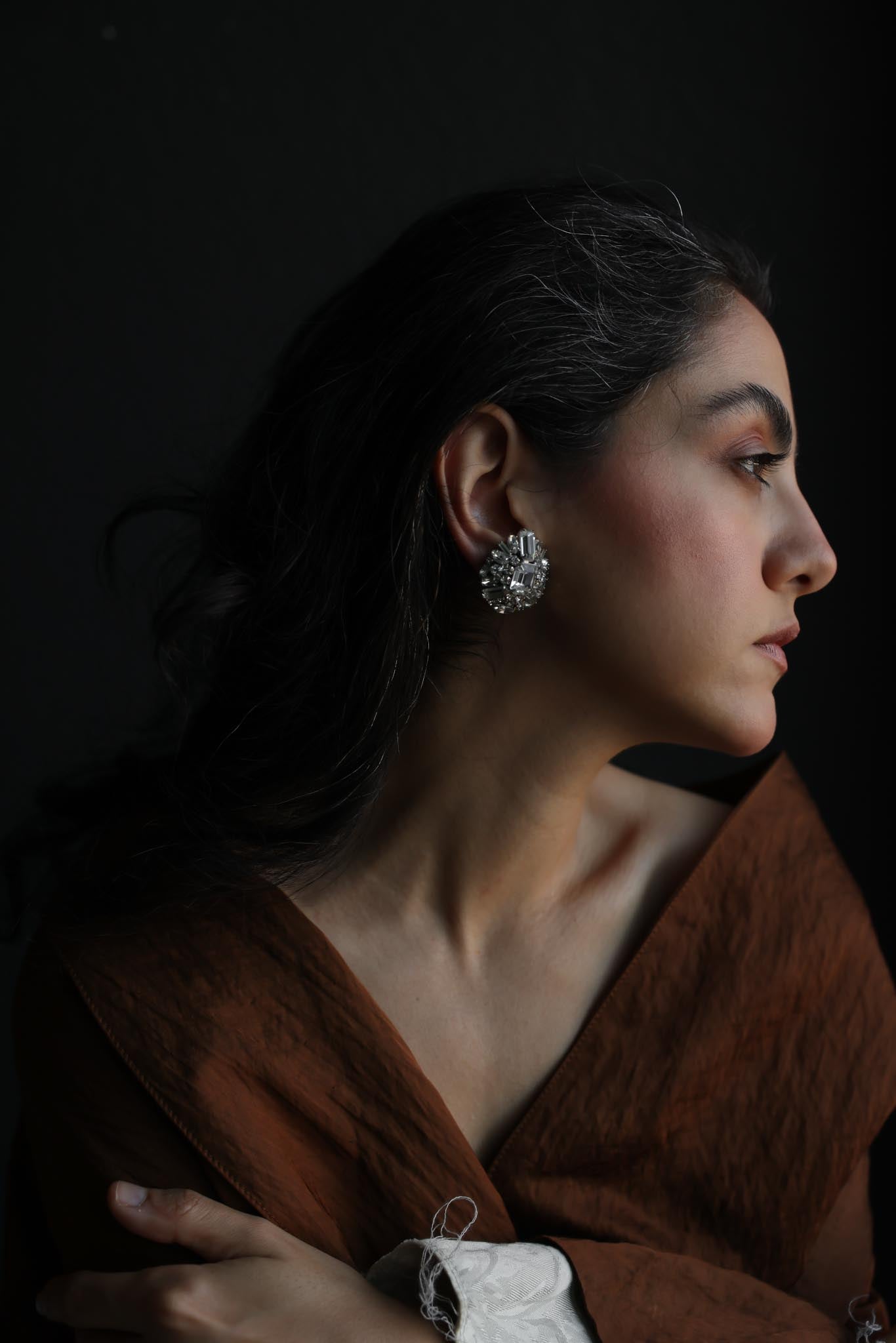 Silver-Tone Rhinestone Cluster Clip-On Earrings|Vintage Baazaar 