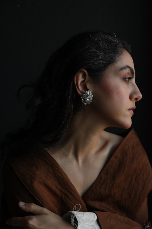 Silver-Tone Rhinestone Cluster Clip-On Earrings|Vintage Baazaar 
