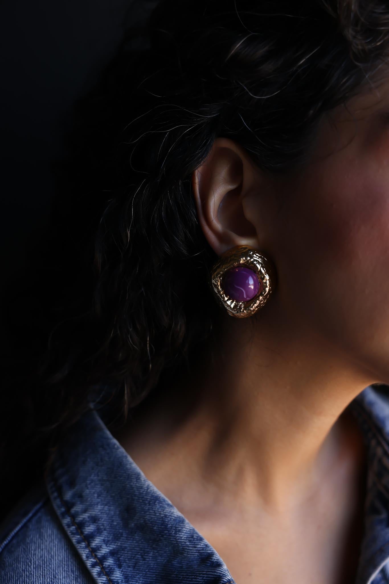 Purple Cabochon Textured Clip-On Earrings|Vintage Baazaar 