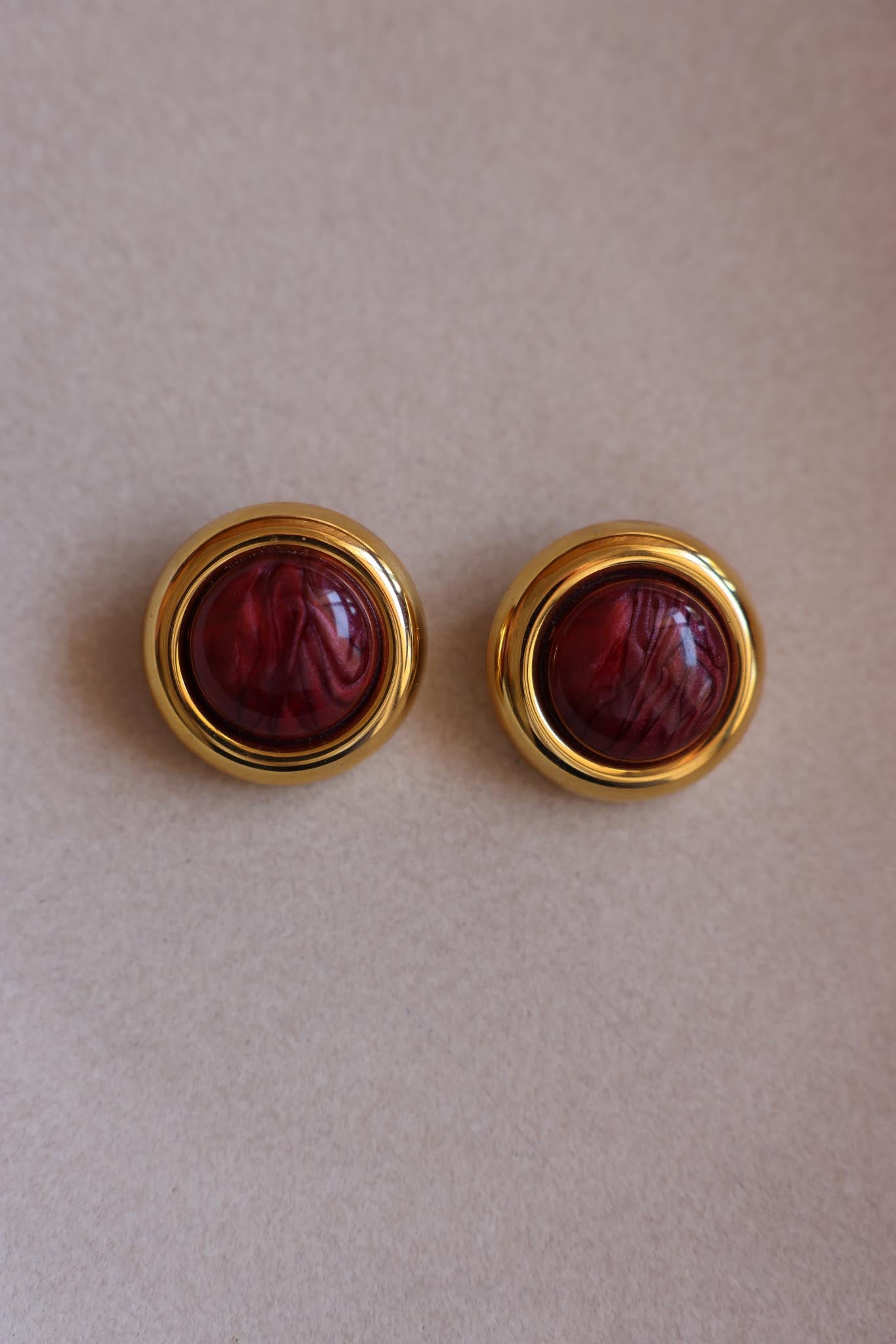 Burgundy Cabochon Gold-Tone Clip-On Earrings