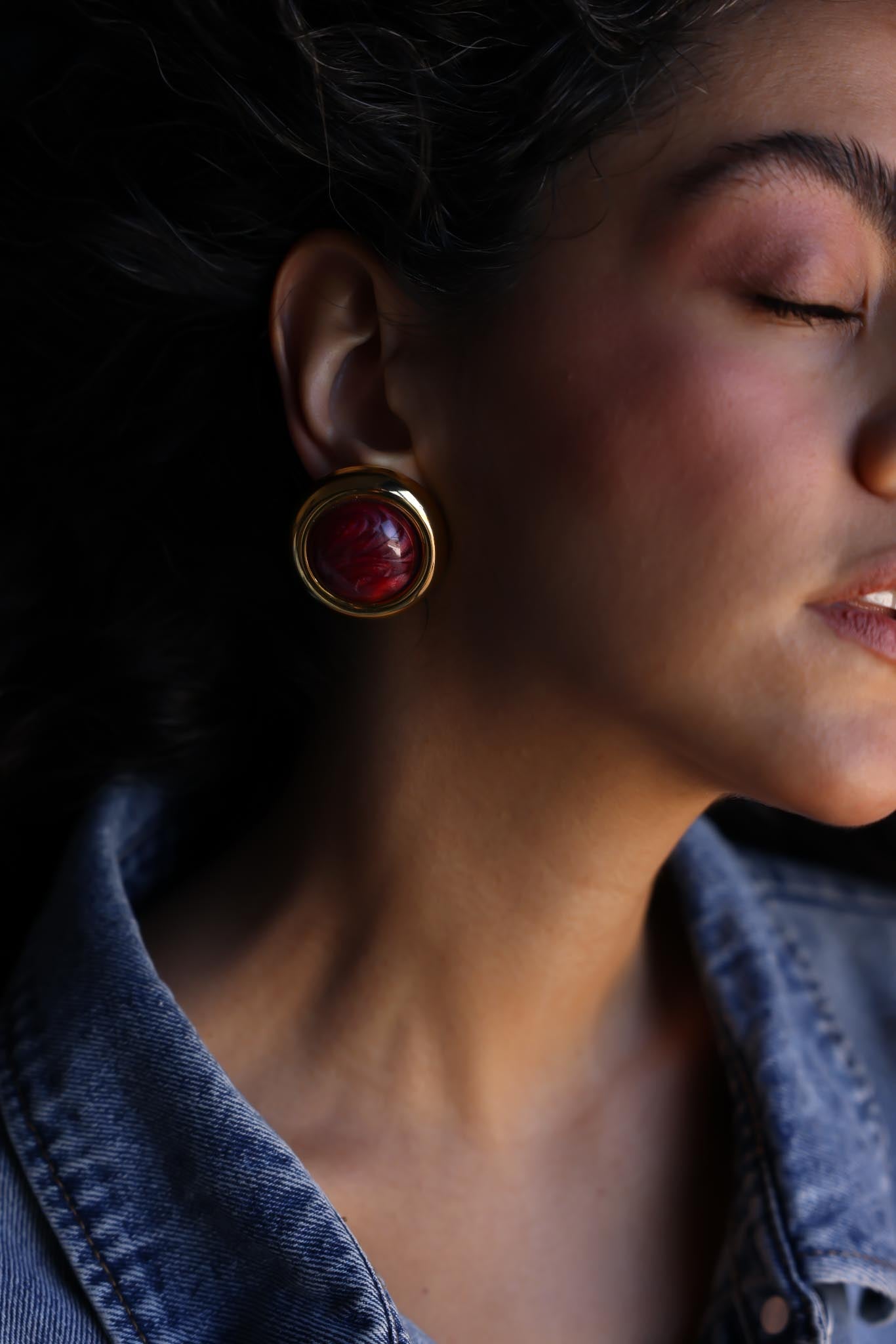 Burgundy Cabochon Clip-On Earrings|Vintage Baazaar 