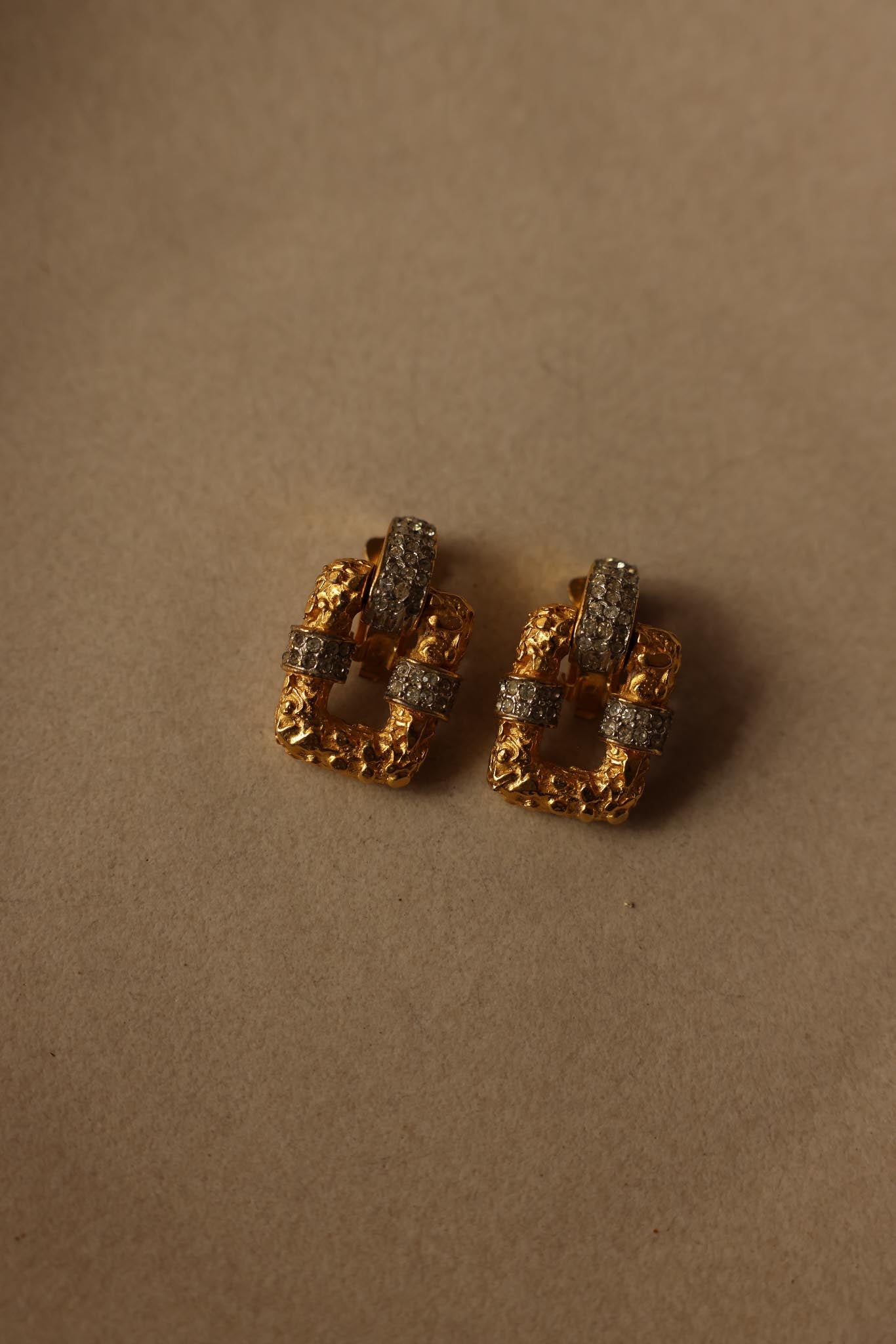 Gold-Tone Clip-On Earrings with Rhinestones – 1980s