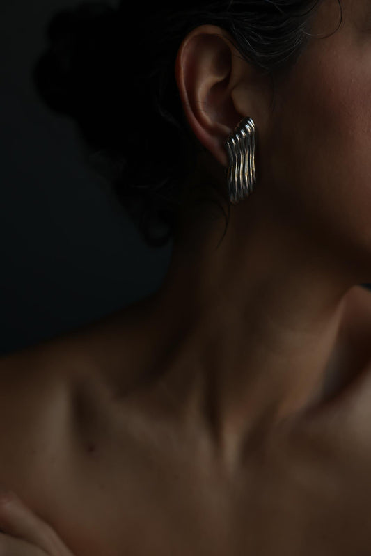 Silver Tone Ribbed Clip-On Earrings