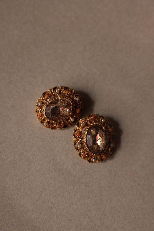 Ornate Filigree Clip-On Earrings with Pale Green Faceted Center