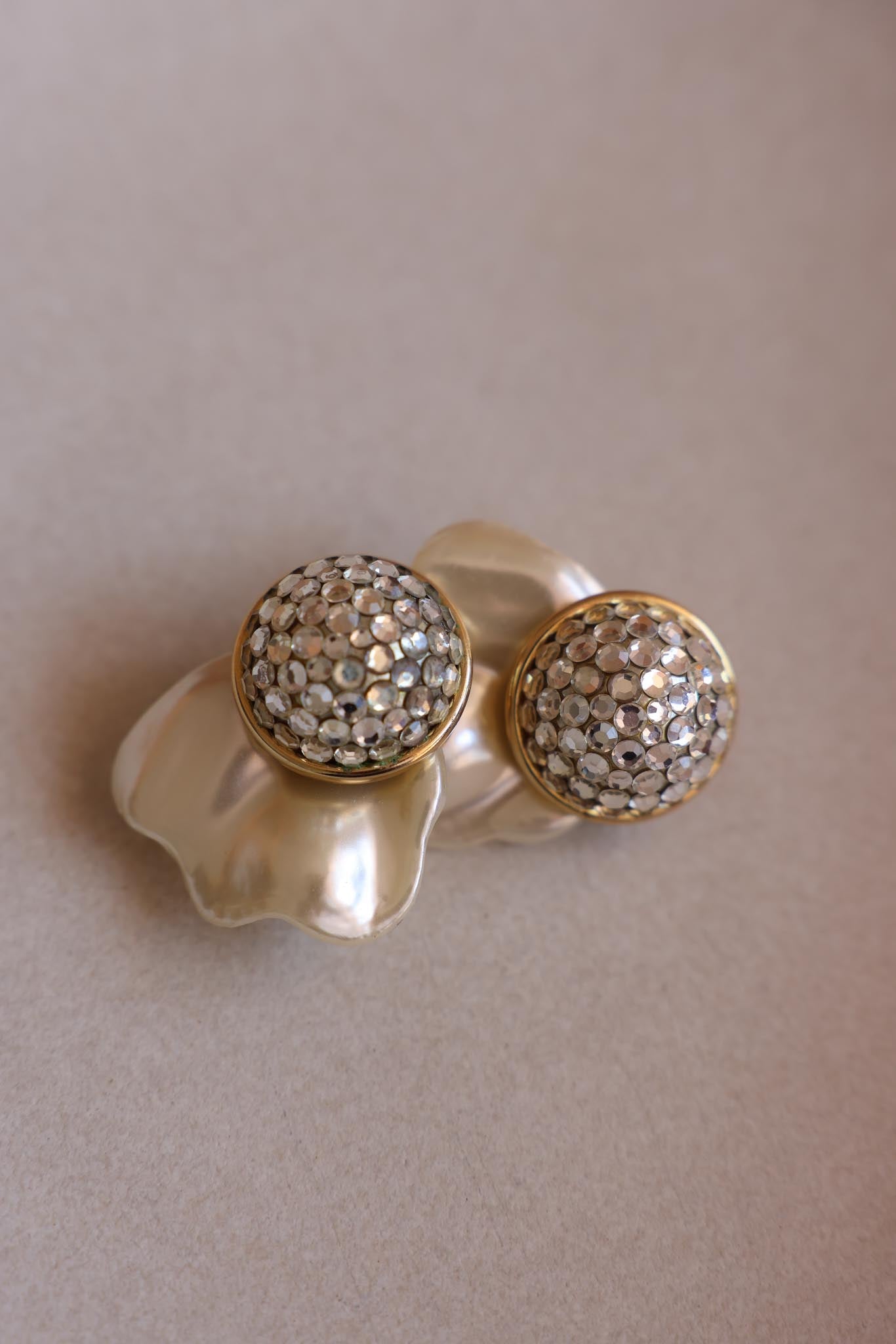 Crystal Dome Clip-On Earrings with Pearl-Like Petal Base|Vintage Baazaar 