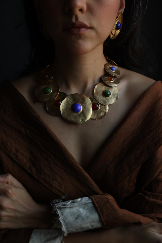 1980s Unsigned Les Bernard Hammered Disc Statement Necklace
