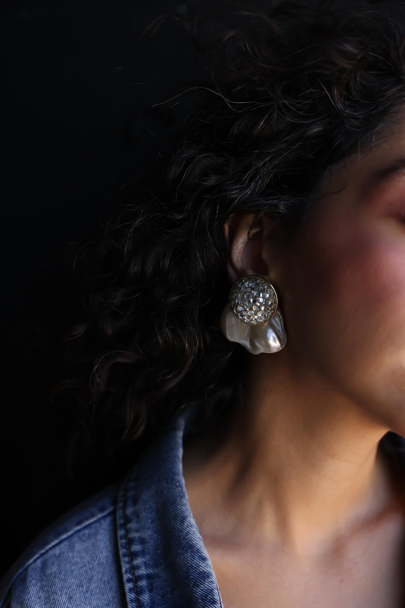 Crystal Dome Clip-On Earrings with Pearl-Like Petal Base|Vintage Baazaar 