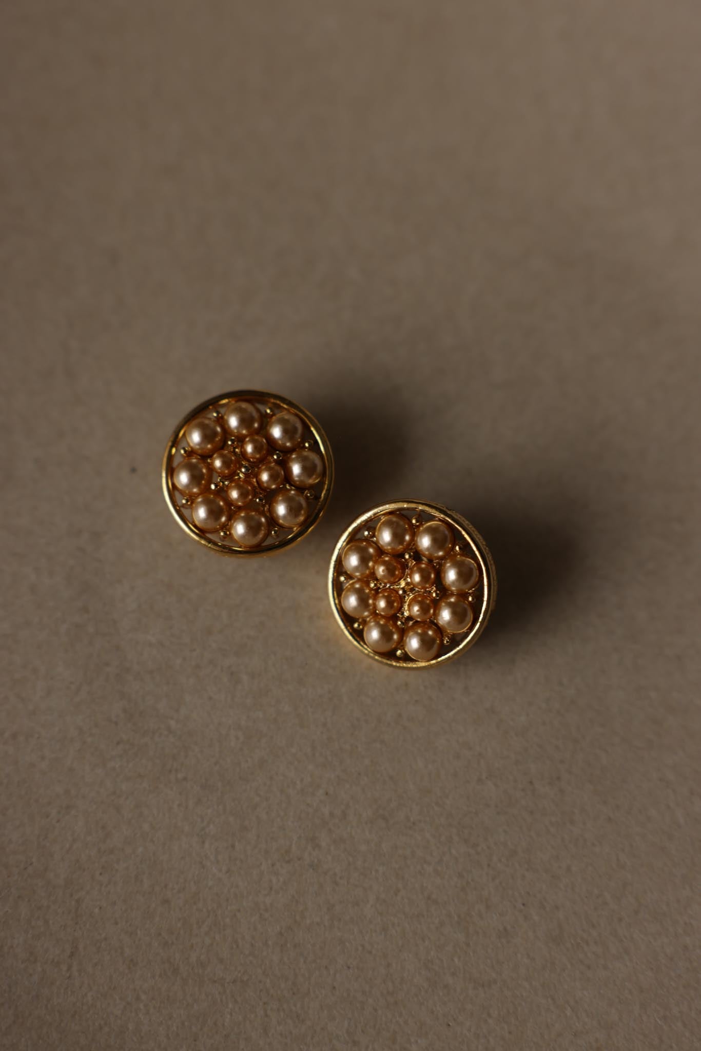 Round Gold Tone Champagne Faux Pearl Clip-On Earrings|Vintage Baazaar 