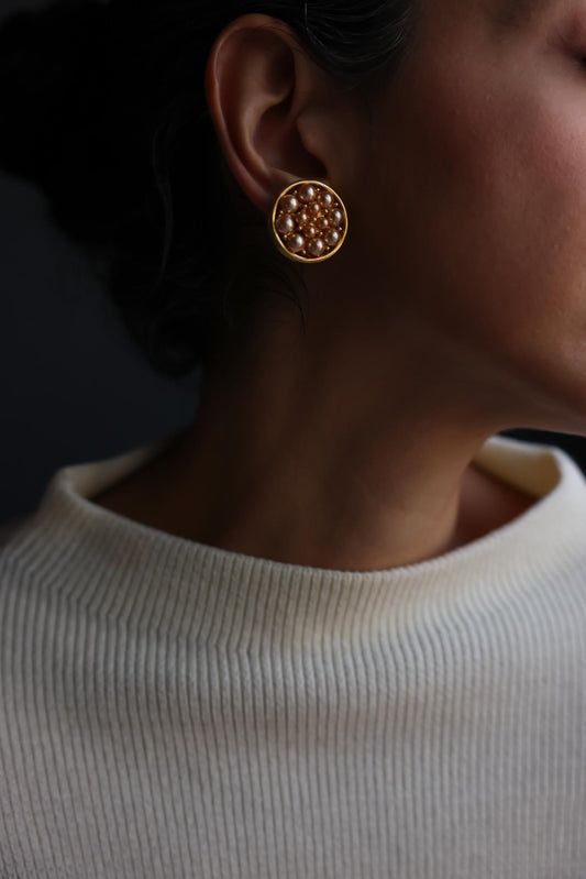 Round Gold Tone Champagne Faux Pearl Clip-On Earrings|Vintage Baazaar 