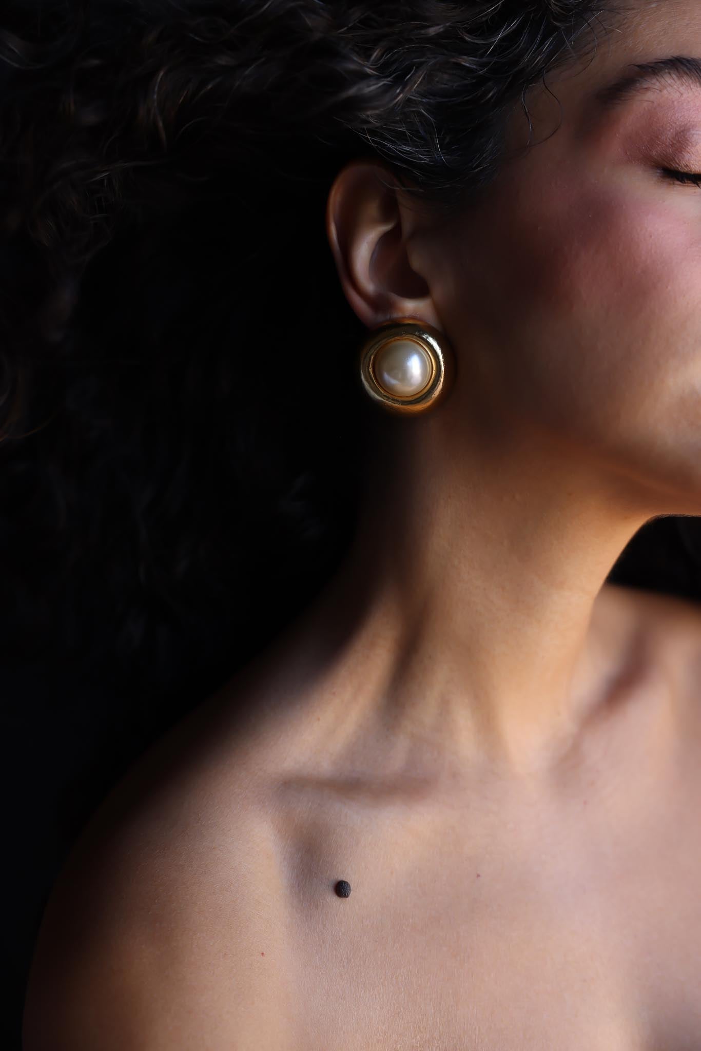 Clip-On Earrings with Faux Pearl Center and Gold-Tone Finish|Vintage Baazaar 