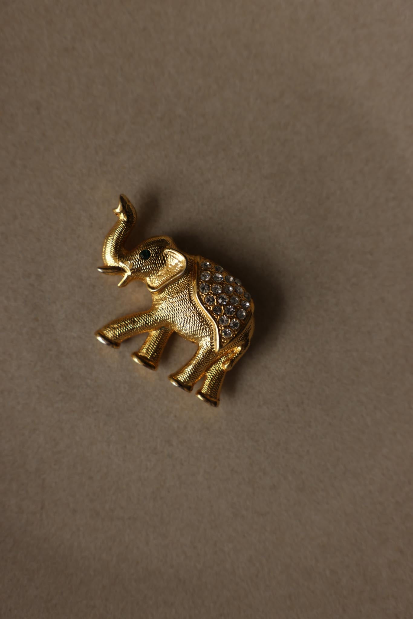 Elephant Gold-Tone Rhinestone Brooch|Vintage Baazaar 