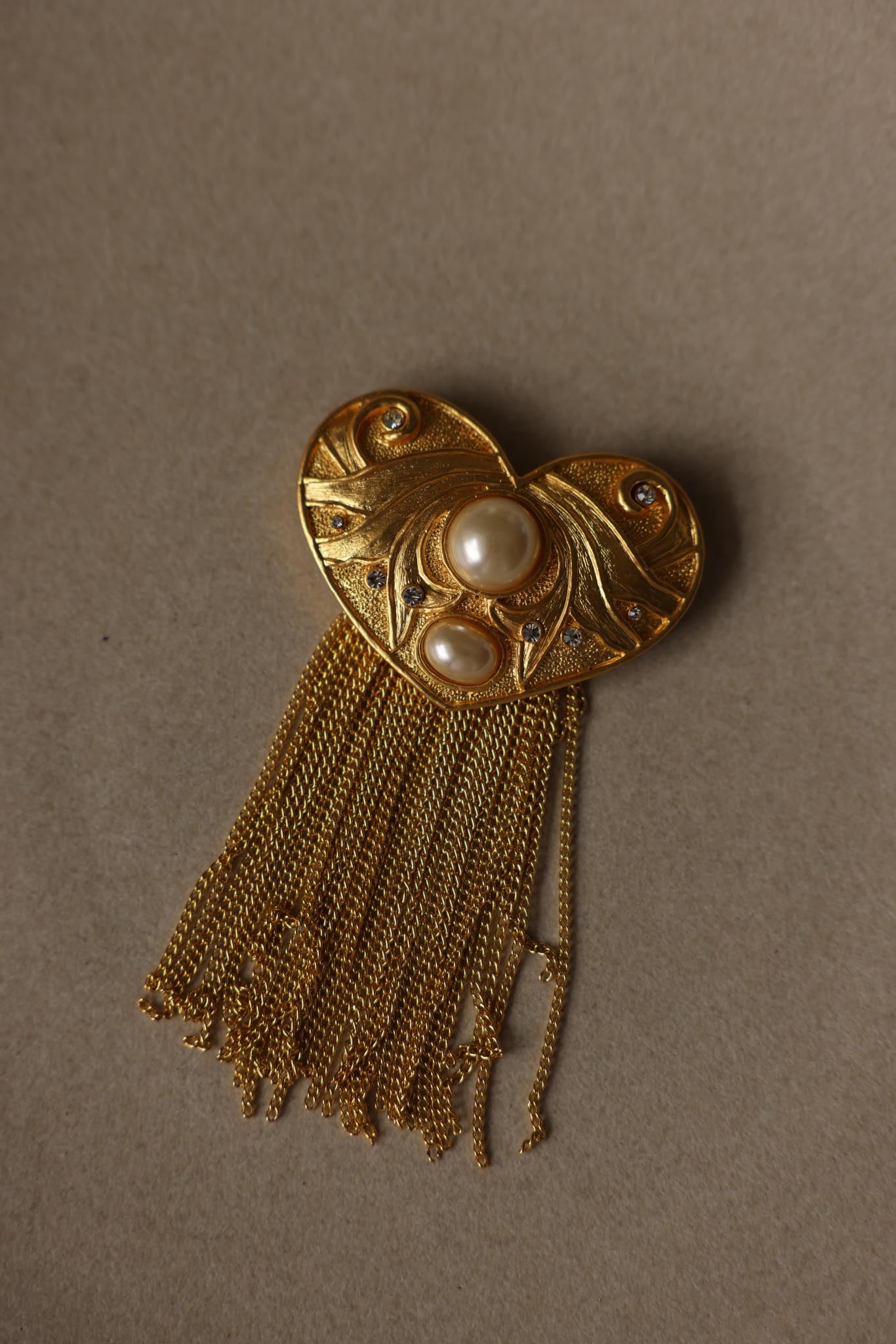 Heart-Shaped Gold-Tone Faux Pearl & Rhinestone Chain Tassel Brooch|Vintage Baazaar 