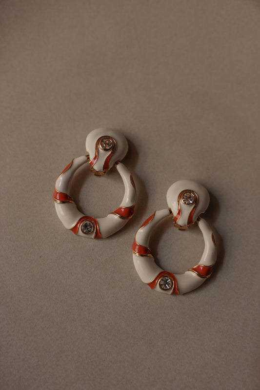 White and Orange Enamel Clip-On Earrings with Rhinestones