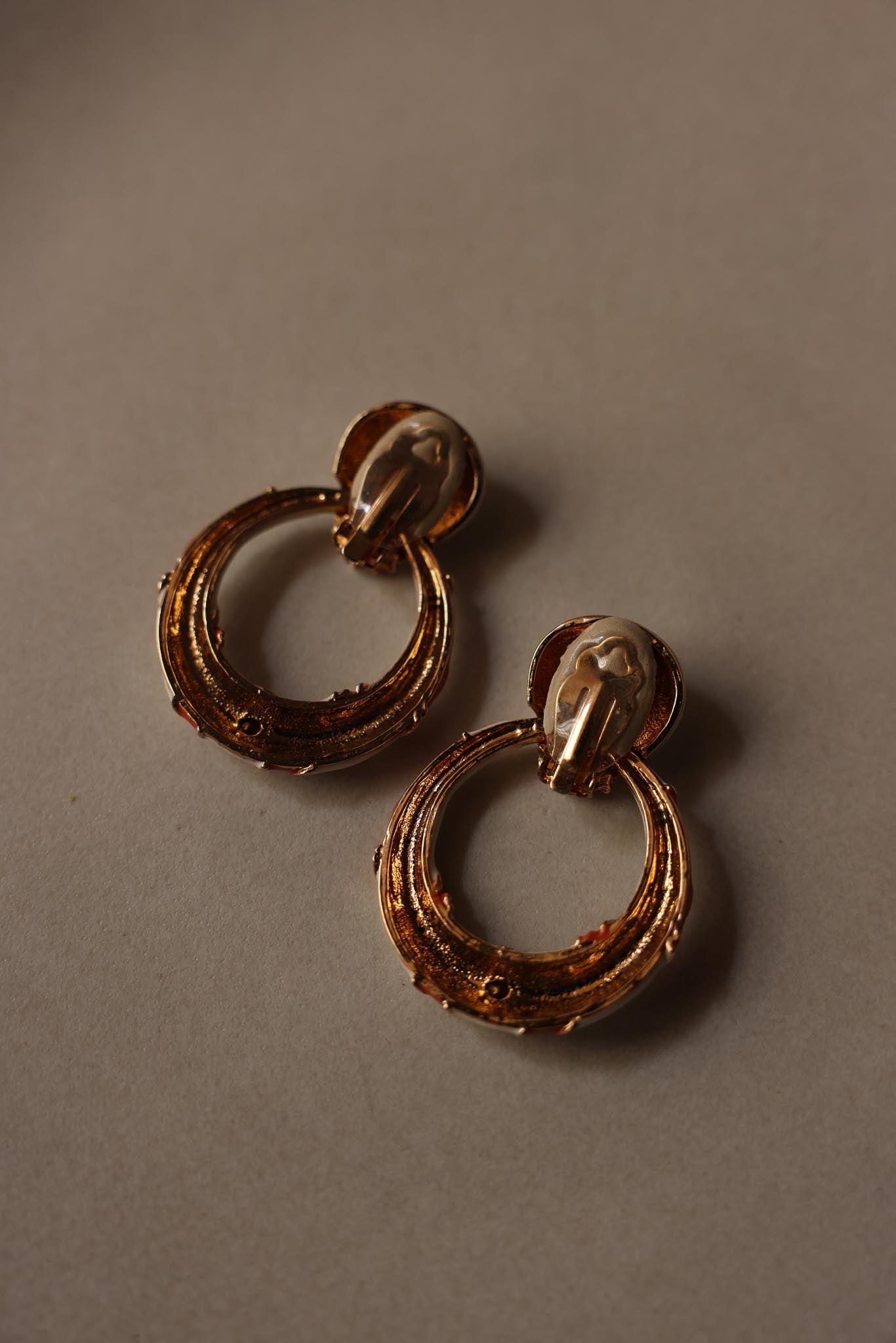 White and Orange Enamel Clip-On Earrings with Rhinestones