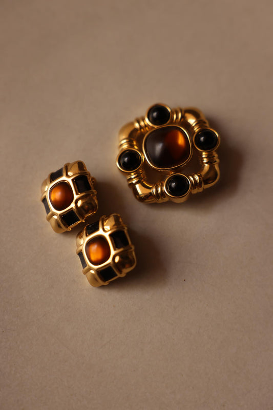 Monet Cabochon Brooch and Earrings Set|Vintage Baazaar 