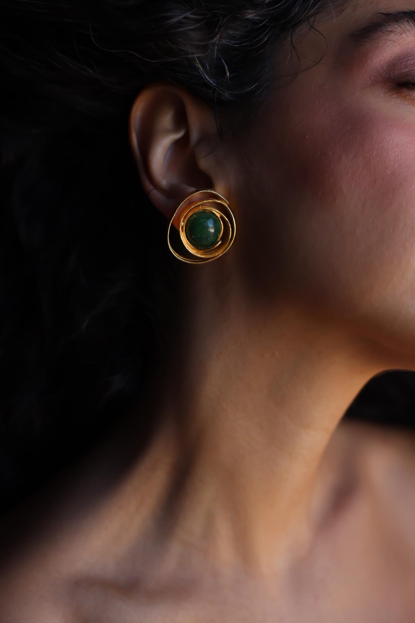 Gold Spiral Clip-On Earrings with Green Cabochons|Vintage Baazaar 