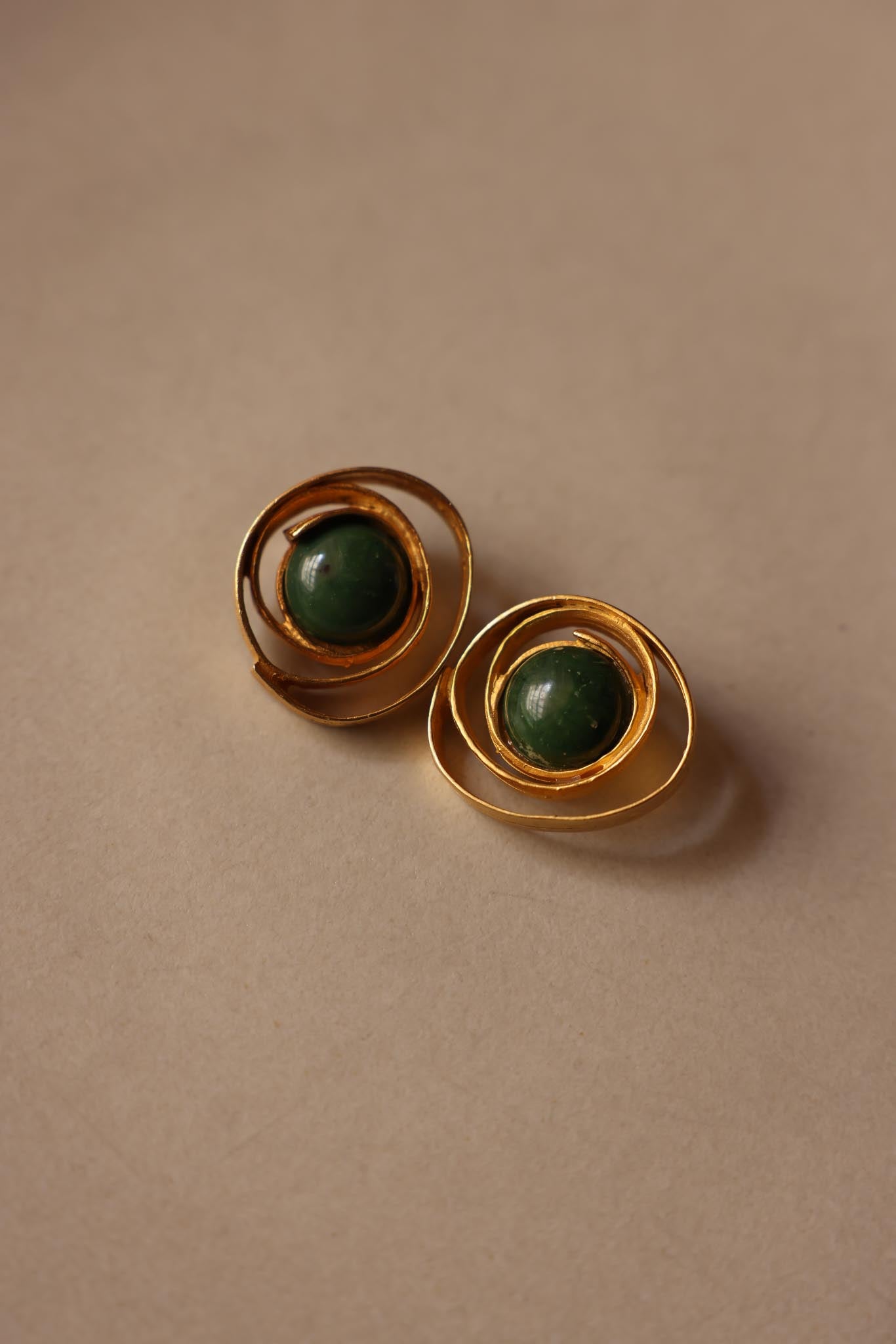 Gold Spiral Clip-On Earrings with Green Cabochons|Vintage Baazaar 