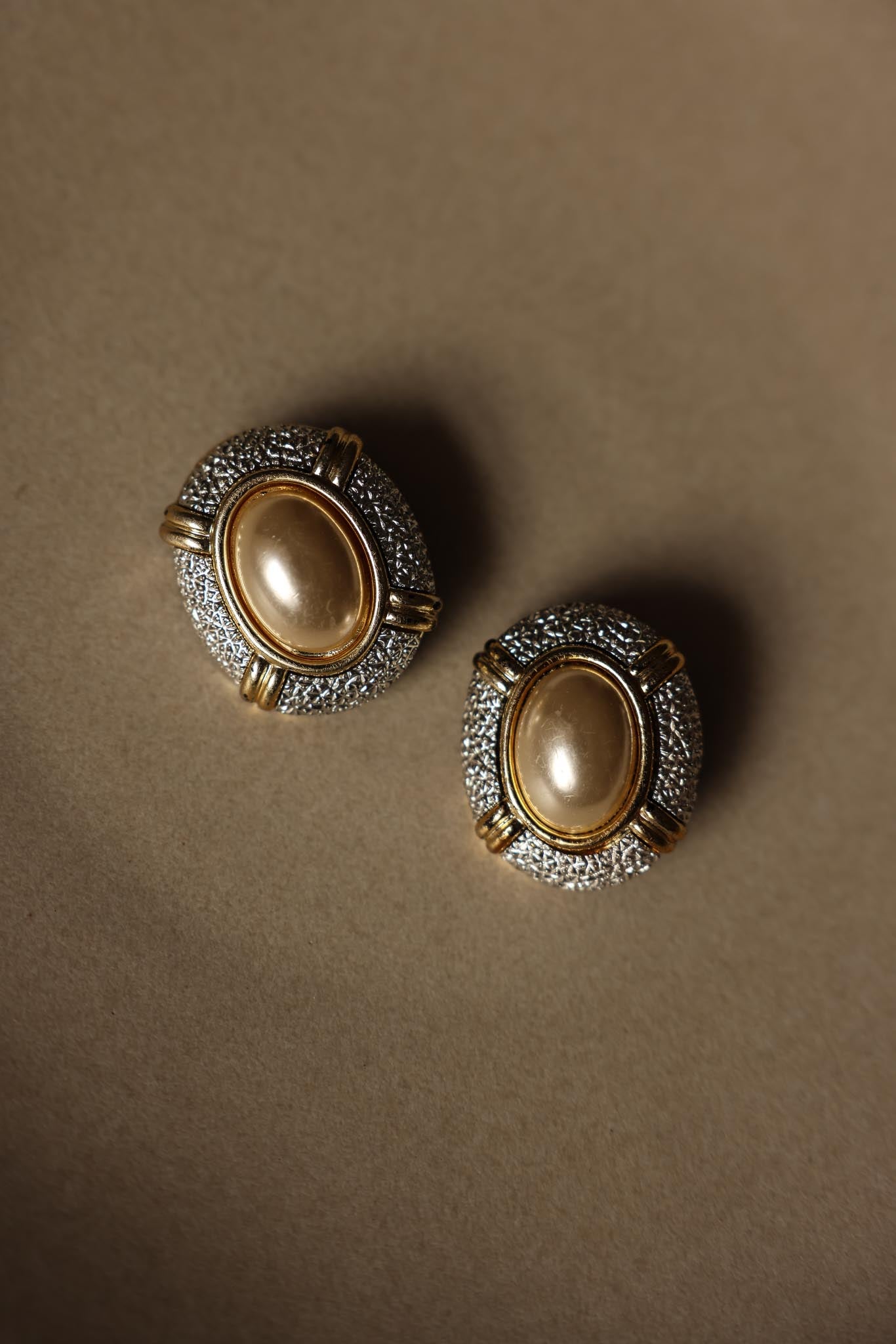 Textured Gold & Silver Clip-On Earrings with Faux Pearl - 1980s|Vintage Baazaar 