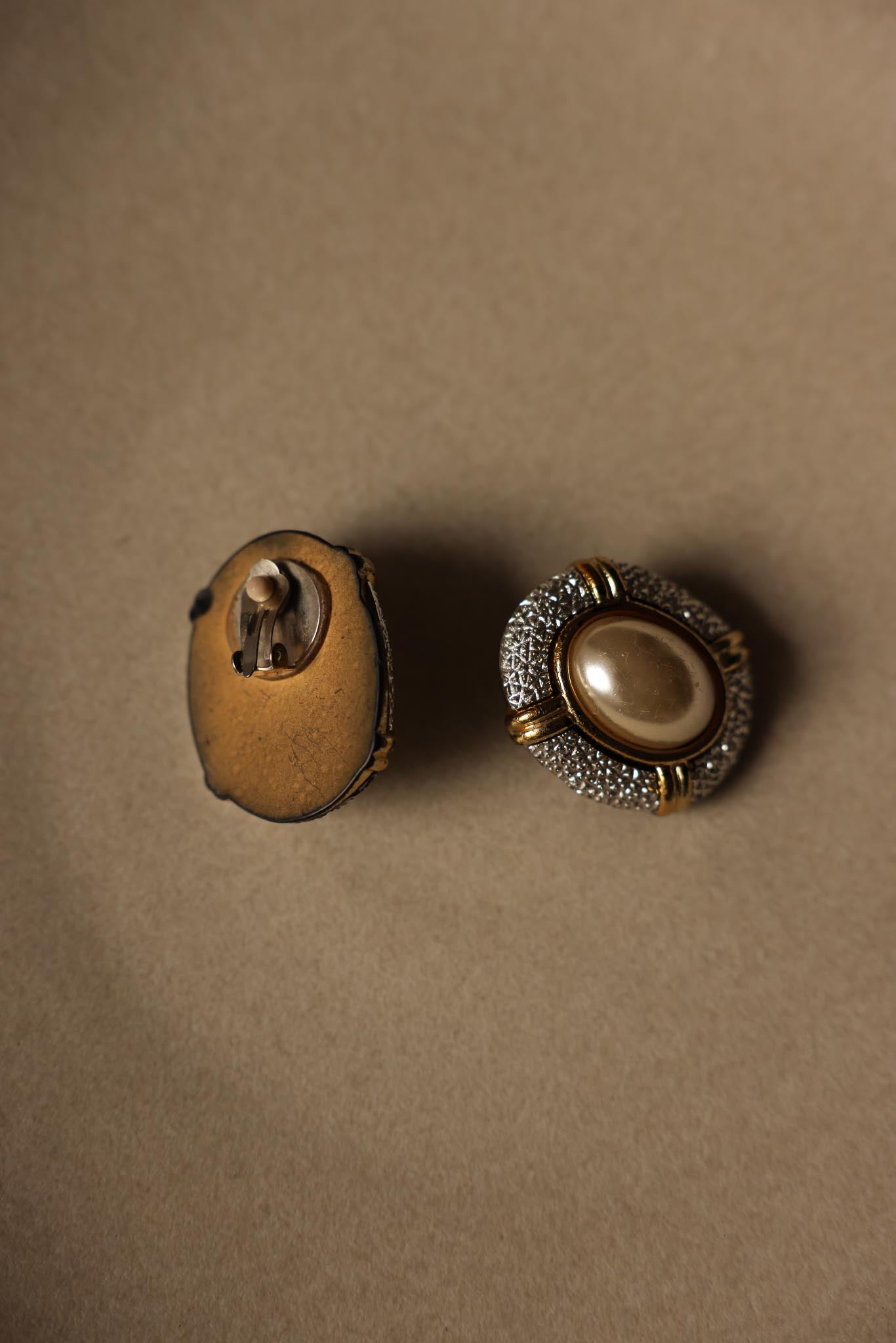 Textured Gold & Silver Clip-On Earrings with Faux Pearl - 1980s|Vintage Baazaar 