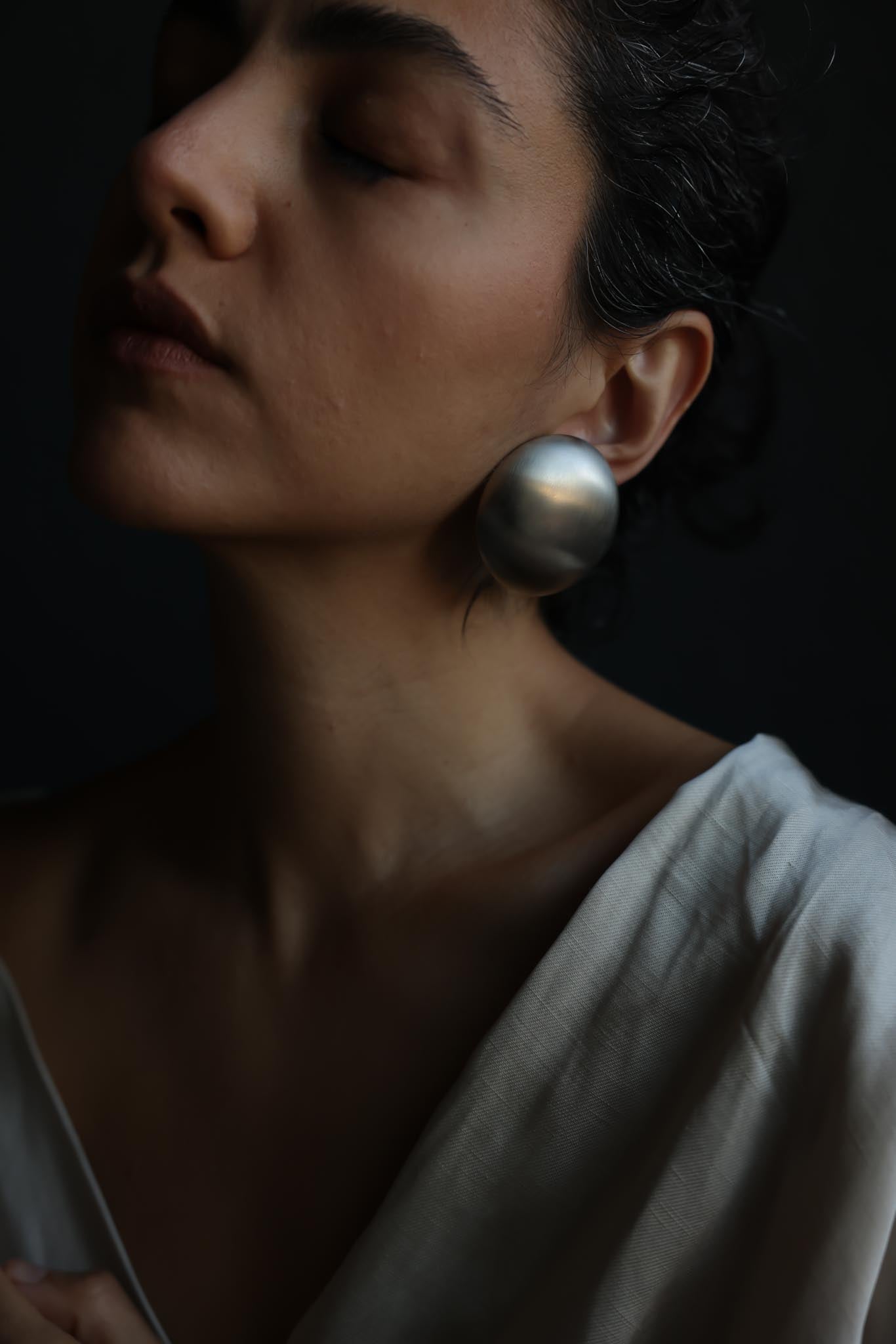 Oversized Round Brushed Silvertone Clip-On Earrings