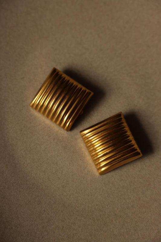 Textured Oversized Square Gold Plated Clip On Earrings|Vintage Baazaar 