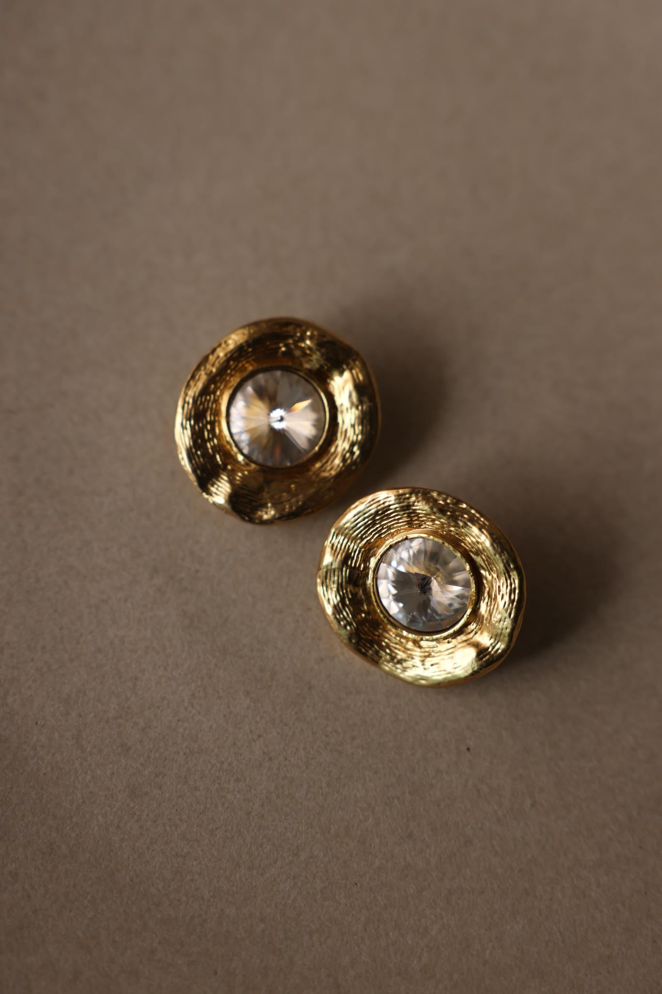 Round Gold Tone Faceted Crystal Clip-On Earrings|Vintage Baazaar 