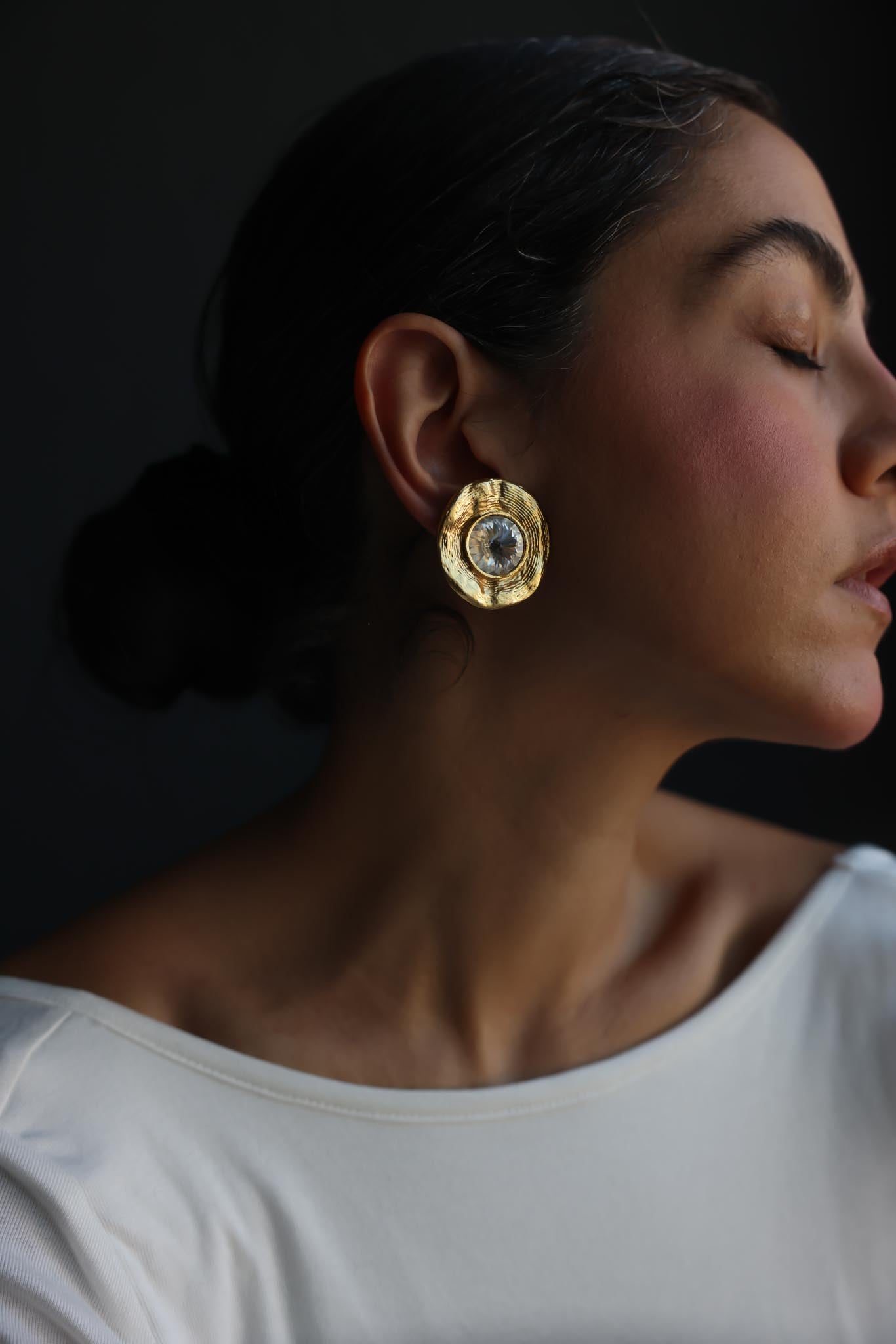 Round Gold Tone Faceted Crystal Clip-On Earrings|Vintage Baazaar 