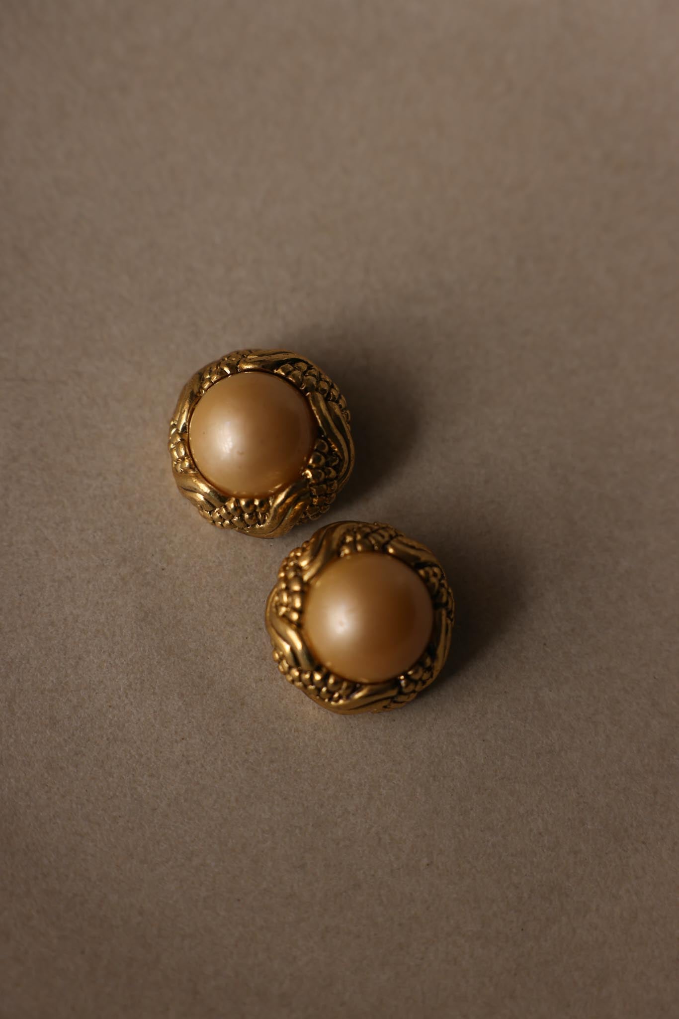 Chunky Round Gold Tone Faux Pearl Clip-On Earrings