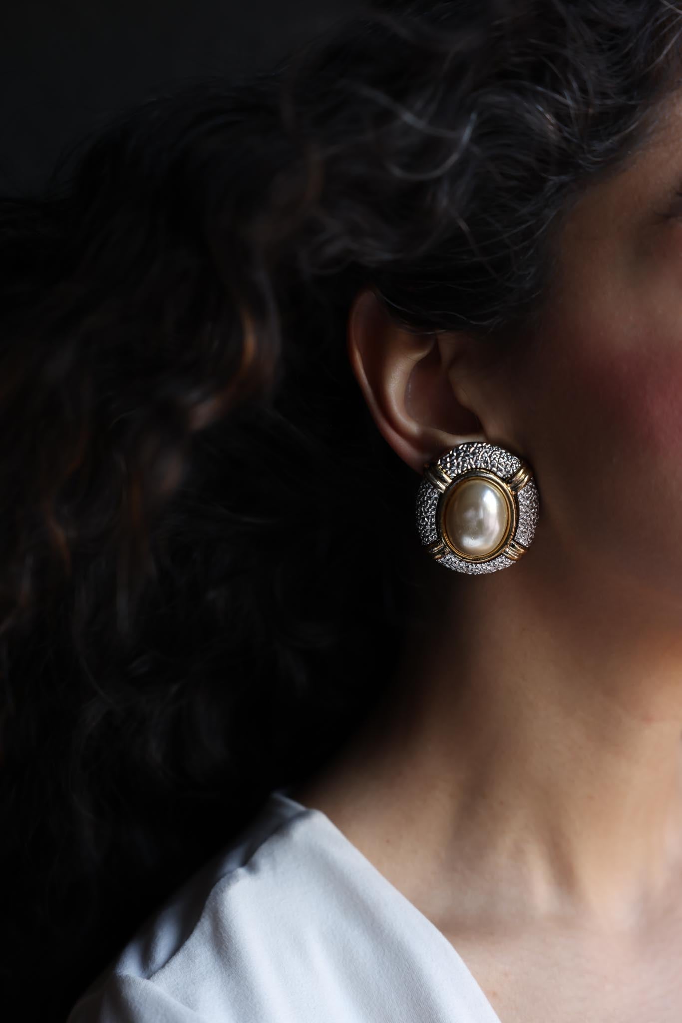 Textured Gold & Silver Clip-On Earrings with Faux Pearl - 1980s|Vintage Baazaar 