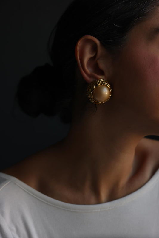Chunky Round Gold Tone Faux Pearl Clip-On Earrings