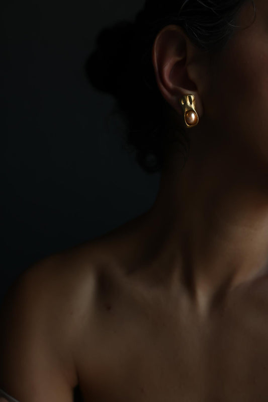Matte Gold Abstract Champagne Faux Pearl Clip-On Earrings